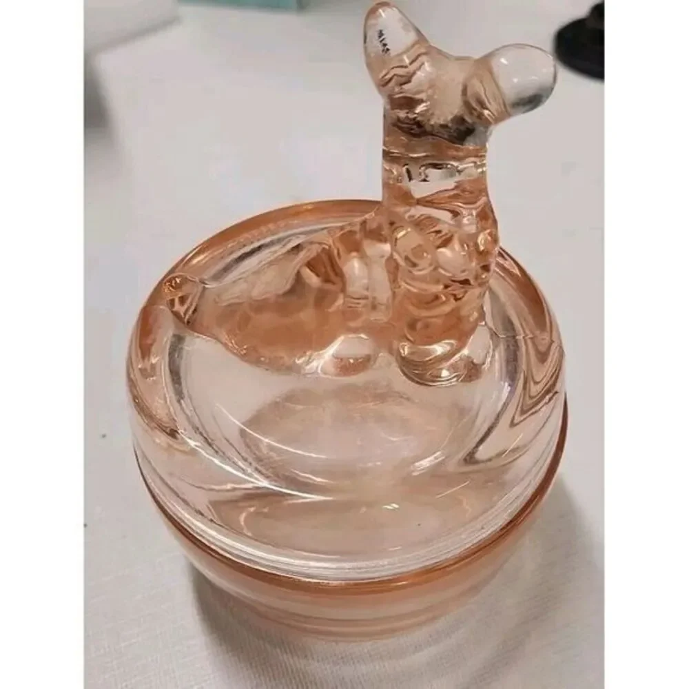 Pink Depression Scottie Dog Glass‎ Powder Jar Vanity Dish Vintage Jeannette B6